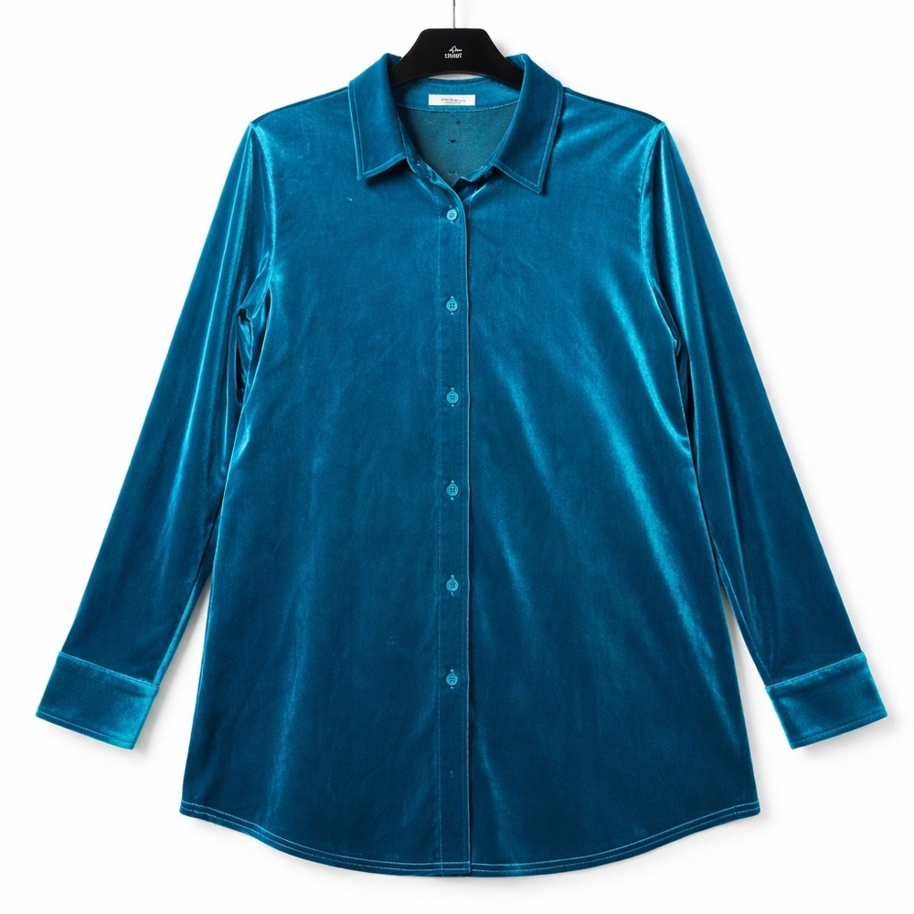 Soft Surroundings Velvet Boyfriend Tunic Shirt L Teal Atlantic Romantic Holiday